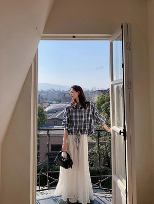 VILZSTUDIOS Blue Plaid Loose Drawstring Shirt