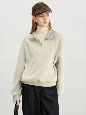 VILZSTUDIOS Cozy Plaid Stand Collar Sweatshirt