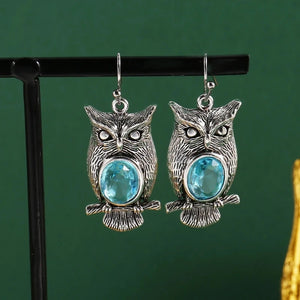 VILZSTUDIOS Vintage Silver Owl Blue Earring