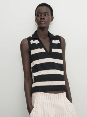 VILZSTUDIOS Striped Sleeveless Polo Top