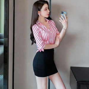 VILZSTUDIOS Striped Long Sleeve V-neck Shirt & Skirt Set