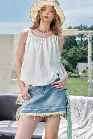 VILZSTUDIOS Stylish Shell Tassel Denim Mini Skirt