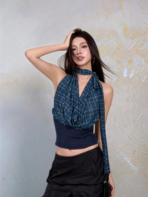 VILZSTUDIOS Blue Plaid Mesh Backless Halter Top