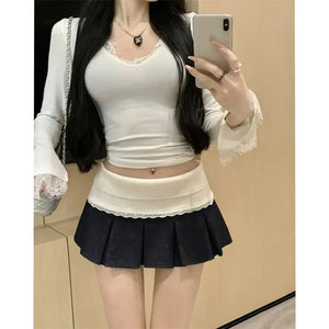 VILZSTUDIOS Lace Pleated High Waist Mini Skirt