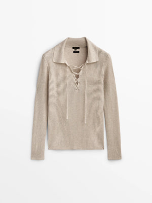 VILZSTUDIOS Ribbed Knit Lace-Up Sweater