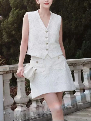 VILZSTUDIOS White Elegant Embroidered Vest & Mini Skirt Set