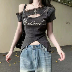 VILZSTUDIOS Lace Off-Shoulder Slim Fit T-Shirt