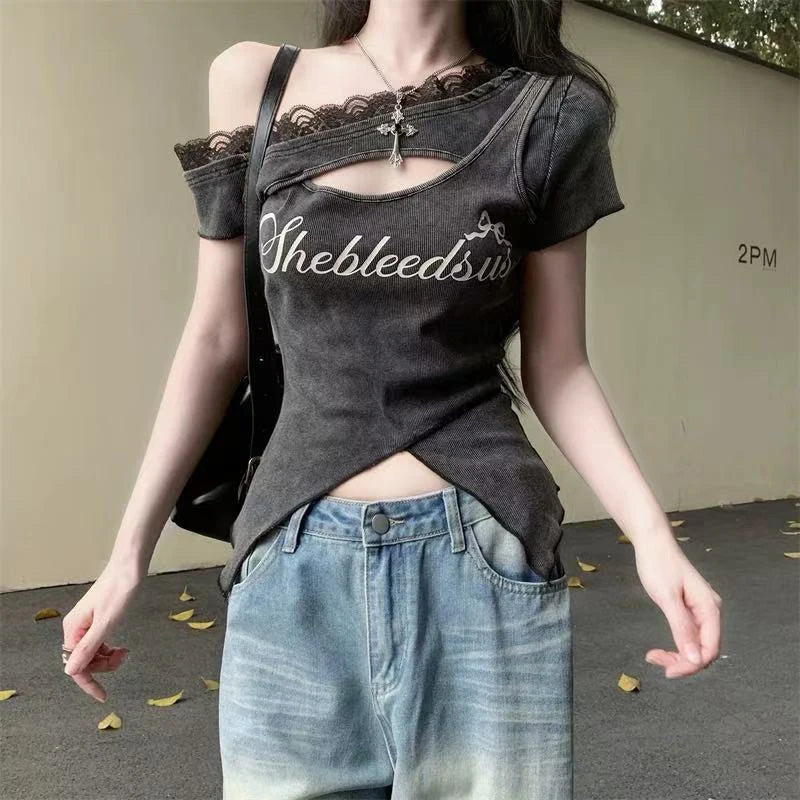 VILZSTUDIOS Lace Off-Shoulder Slim Fit T-Shirt