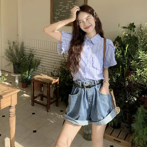 VILZSTUDIOS Ruffled Plaid Women Shirt