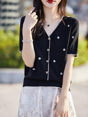 VILZSTUDIOS Embroidered Casual V-Neck Light Cardigan