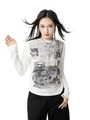 VILZSTUDIOS Vintage White Graphic Long Sleeve Top