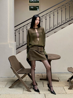 VILZSTUDIOS Elegant Green Sheer Blouse & Mini Skirt