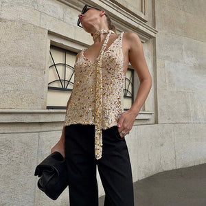 VILZSTUDIOS Sleek Sequin V-Neck Tank Top