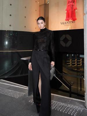VILZSTUDIOS Elegant Black Flowy High Slit Skirt