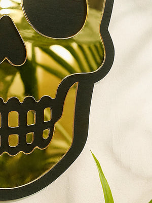 VILZSTUDIOS Halloween Skull Shaped Acrylic Wall Mirror Black Frame Wall Hanging Golden Decorative Mirror for Home Living Room & Bedroom Gift