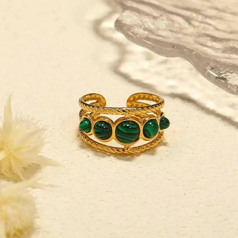 VILZSTUDIOS Stylish Green Malachite Stainless Steel Ring