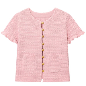 VILZSTUDIOS Elegant Knit Ruffled Button-Up Cardigan