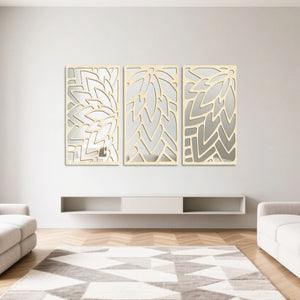 VILZSTUDIOS 3Pcs 2D 16in Wooden Acrylic Double-Layer Wall Mirror Hollow Leaf Design Refined Lifestyle Artistic Home Decorative Mirror