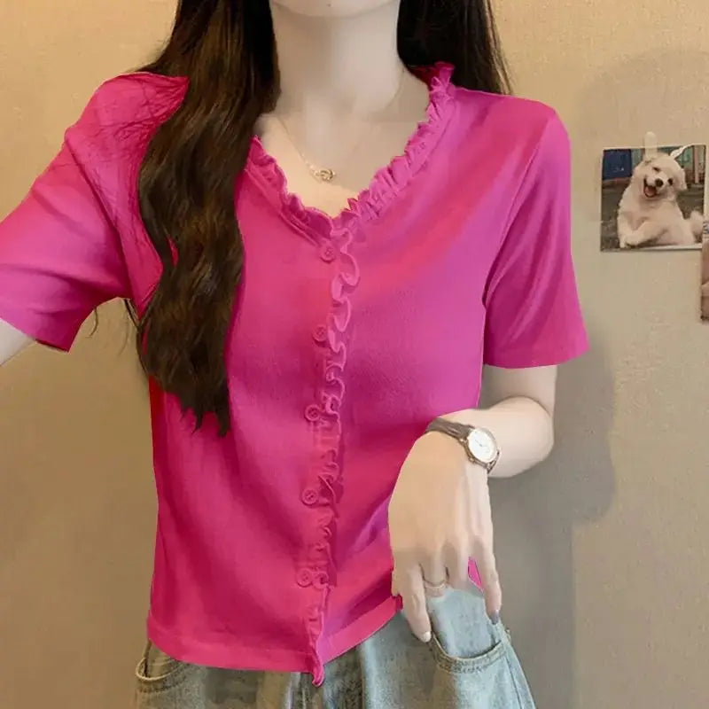 VILZSTUDIOS Elegant Summer V Neck Solid T-Shirt