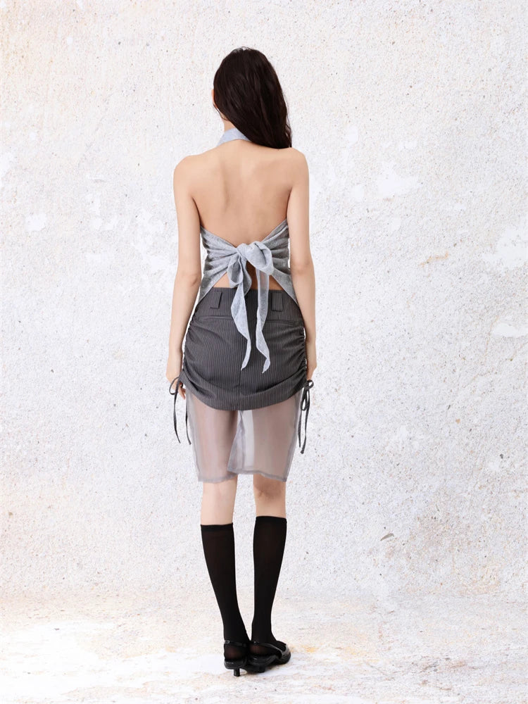VILZSTUDIOS Glittery Ruffles Backless Halter Top