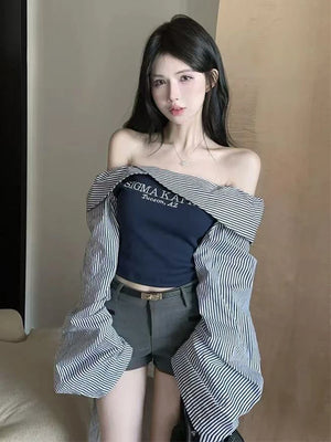 VILZSTUDIOS Chic Slim Striped Sleeves T-Shirt