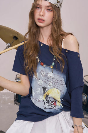 VILZSTUDIOS Cool Printed Off Shoulder Sleeve T-Shirt