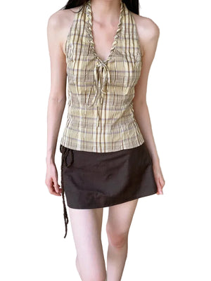 VILZSTUDIOS Yellow Plaid Backless Halter Top