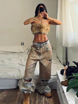 VILZSTUDIOS Retro Distressed Ripped Baggy Jeans