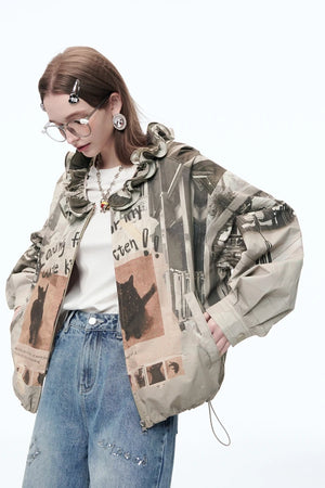 VILZSTUDIOS Retro Cats Print Loose Jacket