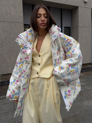 VILZSTUDIOS Cozy Floral Print Oversized Puffer Jacket