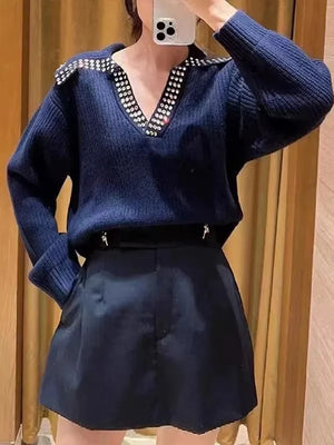 VILZSTUDIOS Diamond Bead Decorated Knit Sweater