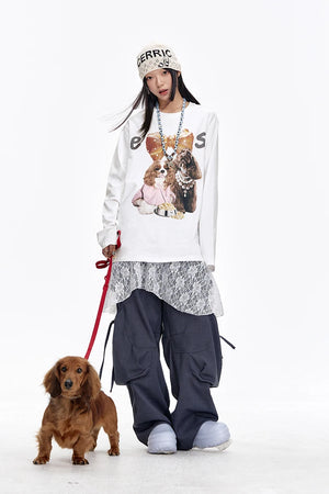 VILZSTUDIOS Cute Casual Puppy Print Long Sleeve Top