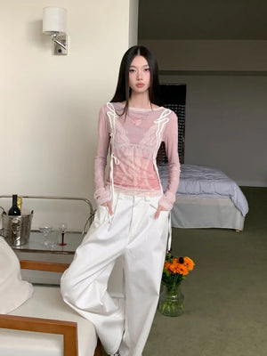 VILZSTUDIOS Pink Lace Print Mesh Long Sleeve Top