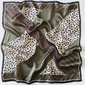 VILZSTUDIOS 70*70cm Leopard Green Brown Silk Scarf Women Simulated Silk Fresh and Elegant Versatile Headwear Clothing Bags and Square Scarf