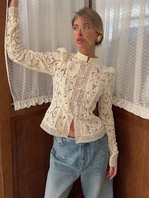VILZSTUDIOS Elegant Lace Flower Long Sleeve Blouse