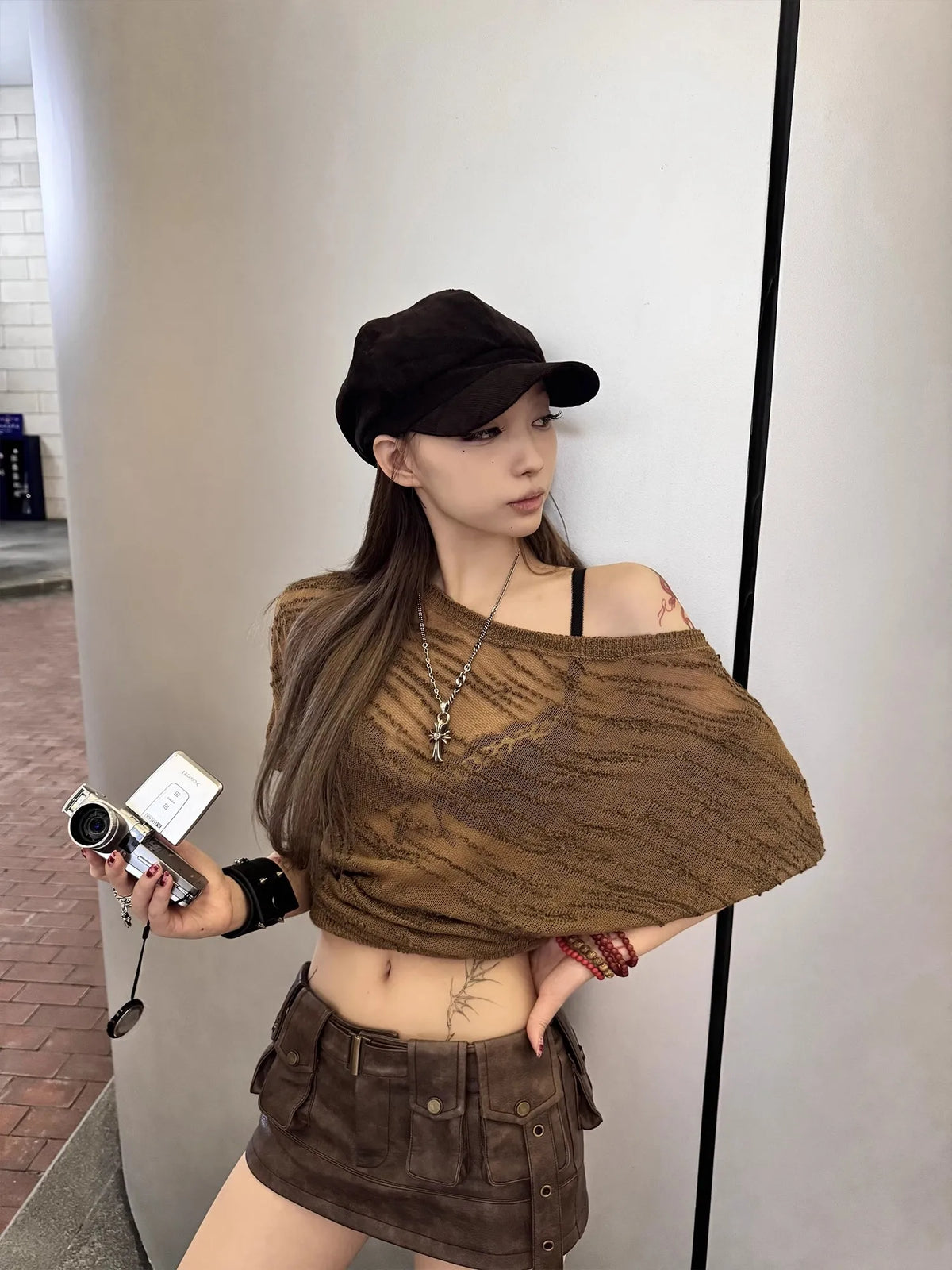 VILZSTUDIOS Vintage Distressed Brown PU Leather Skirt