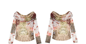 VILZSTUDIOS Elegant Printed Mesh Long Sleeve Blouse