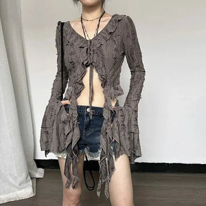VILZSTUDIOS Fairycore Lace-Up Butterfly Sleeve Blouse