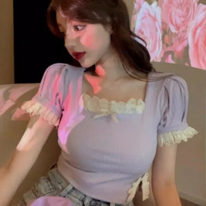 VILZSTUDIOS Spicy Girl Square Neck Lace Shirt