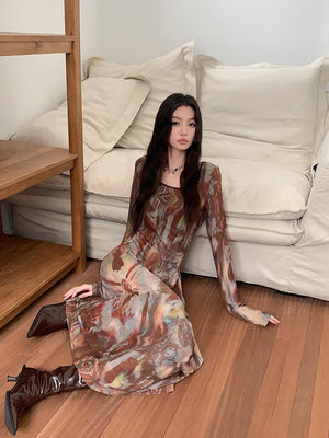 VILZSTUDIOS Brown Abstract Print Long Sleeve Dress