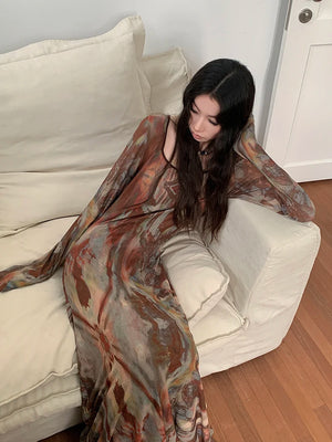 VILZSTUDIOS Brown Abstract Print Long Sleeve Dress