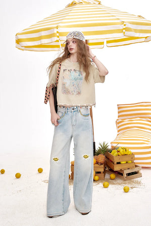 VILZSTUDIOS Chic Shell Tassel Print Loose T-Shirt