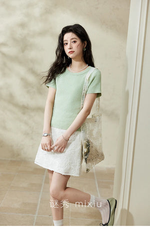 VILZSTUDIOS Pearl Buckle Knitted Short Sleeve T-Shirt