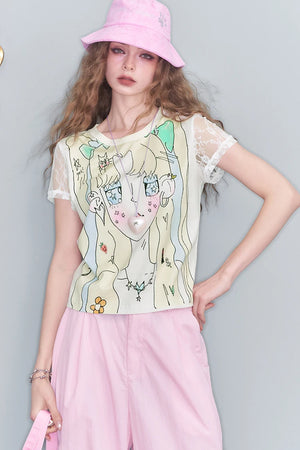 VILZSTUDIOS Sweet Lace Splicing Anime Print T-Shirt