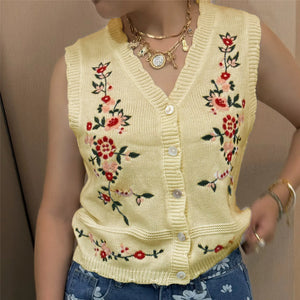 VILZSTUDIOS Cozy Knit Floral Embroidered V-Neck Vest
