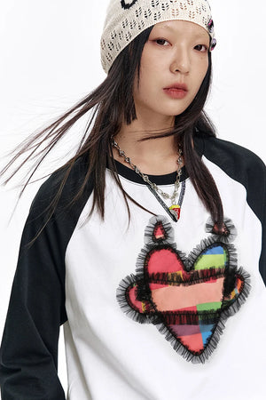 VILZSTUDIOS Patchwork Heart Printed Raglan Long Sleeve Top