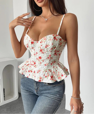 VILZSTUDIOS Floral Lace Up Irregular Crop Blouse