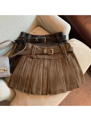 VILZSTUDIOS Khaki Leather A-Line Mini Skirt