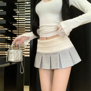 VILZSTUDIOS Lace Pleated High Waist Mini Skirt