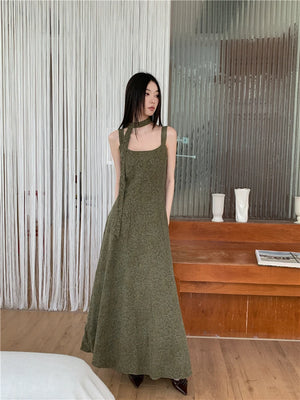 VILZSTUDIOS Elegant Green Vintage Jacquard Backless Midi Dresses
